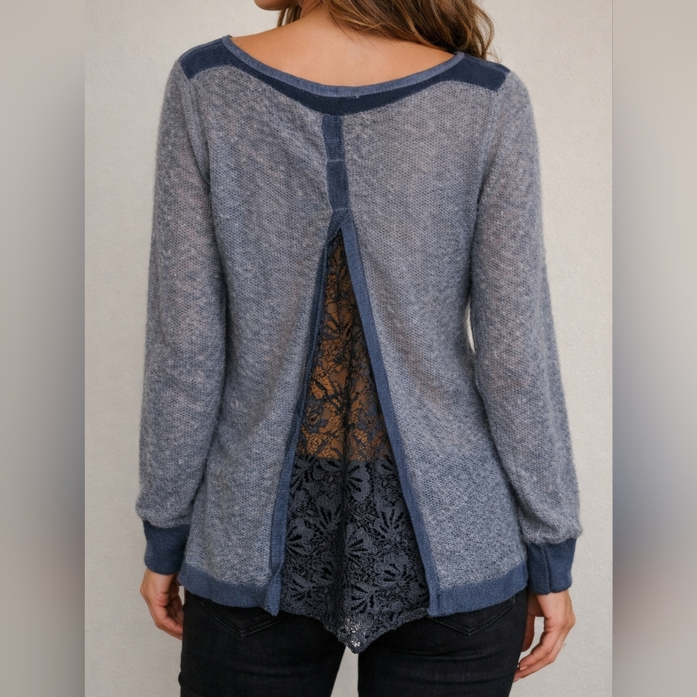 Tempo Paris Lace Back Mohair Blend Sweater XL Blue Gray Fuzzy Knit Boho Romantic